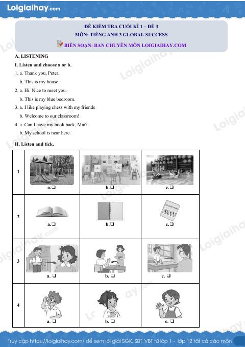 Đề thi học kì 1 Tiếng Anh 3 Global Success - Đề số 3